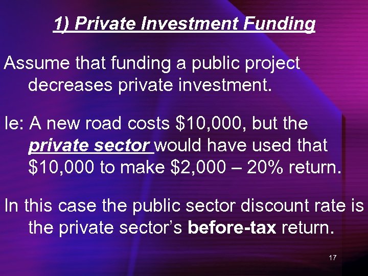 1) Private Investment Funding Assume that funding a public project decreases private investment. Ie: