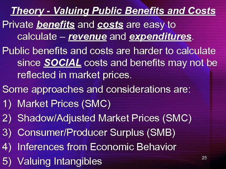 Theory - Valuing Public Benefits and Costs Private benefits and costs are easy to