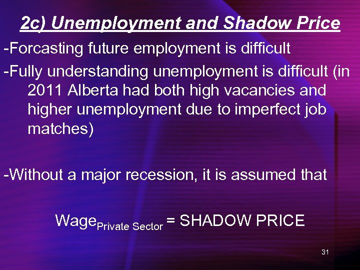 2 c) Unemployment and Shadow Price -Forcasting future employment is difficult -Fully understanding unemployment