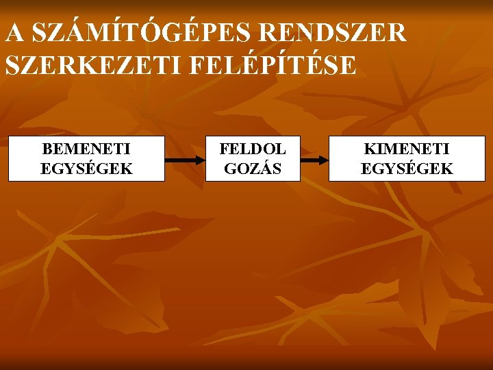 A SZÁMÍTÓGÉPES RENDSZERKEZETI FELÉPÍTÉSE BEMENETI EGYSÉGEK FELDOL GOZÁS KIMENETI EGYSÉGEK 