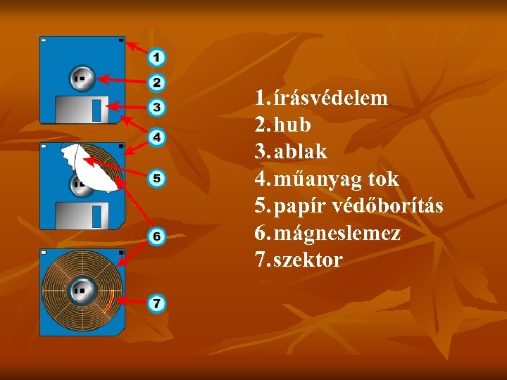 1. írásvédelem 2. hub 3. ablak 4. műanyag tok 5. papír védőborítás 6. mágneslemez