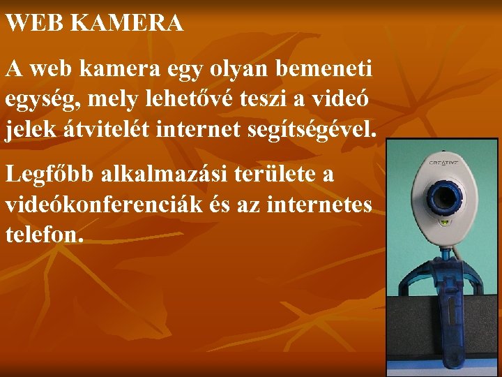 WEB KAMERA A web kamera egy olyan bemeneti egység, mely lehetővé teszi a videó