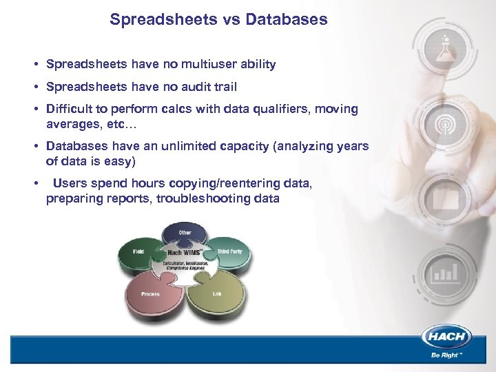 Spreadsheets vs Databases • Spreadsheets have no multiuser ability • Spreadsheets have no audit