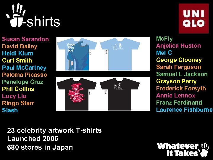 T-shirts Susan Sarandon David Bailey Heidi Klum Curt Smith Paul Mc. Cartney Paloma Picasso