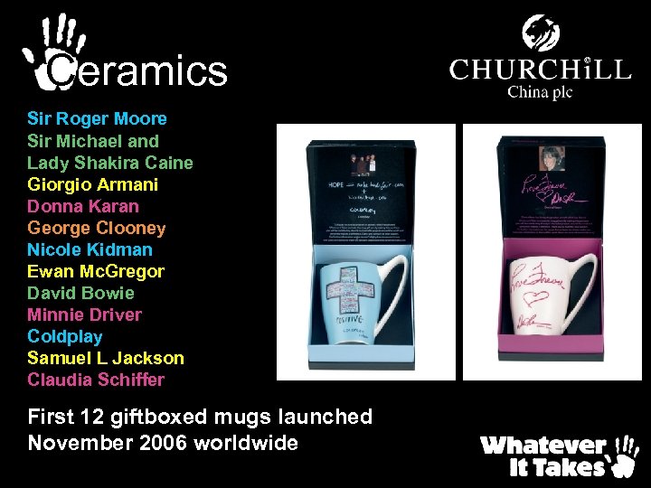 Ceramics Sir Roger Moore Sir Michael and Lady Shakira Caine Giorgio Armani Donna Karan