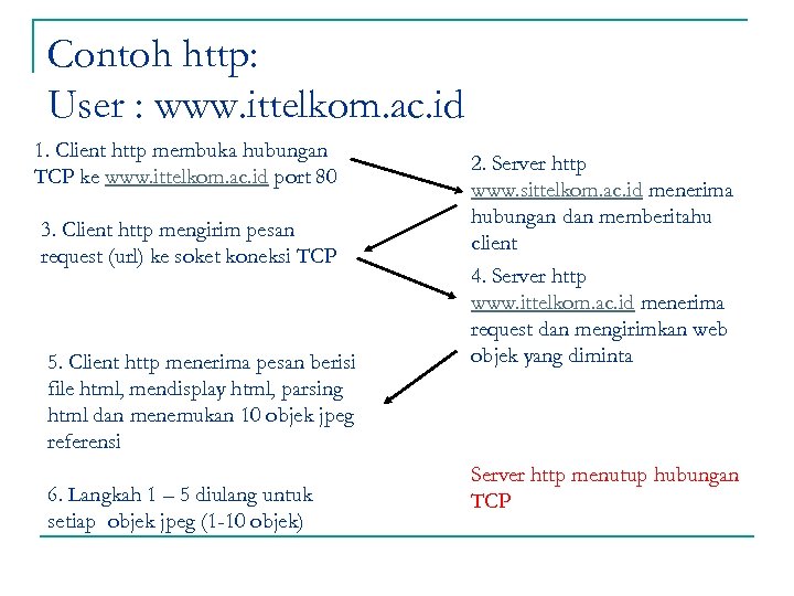 Contoh http: User : www. ittelkom. ac. id 1. Client http membuka hubungan TCP