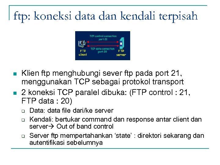 ftp: koneksi data dan kendali terpisah n n Klien ftp menghubungi sever ftp pada