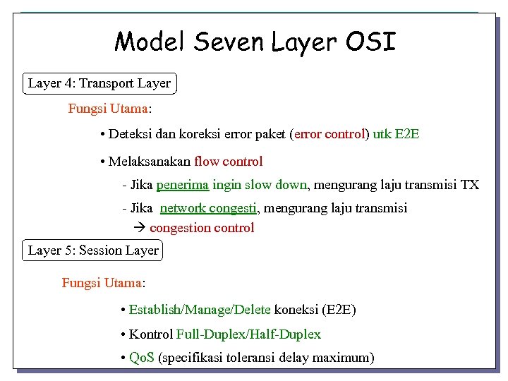 Model Seven Layer OSI Layer 4: Transport Layer Fungsi Utama: • Deteksi dan koreksi