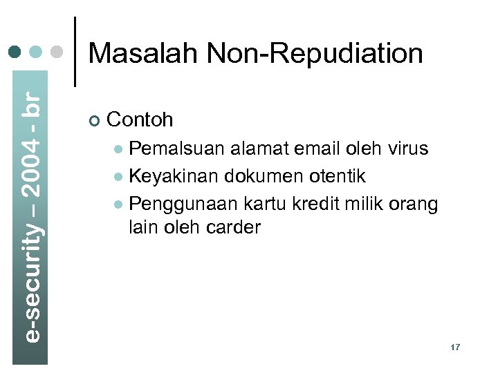 e-security – 2004 - br Masalah Non-Repudiation ¢ Contoh Pemalsuan alamat email oleh virus