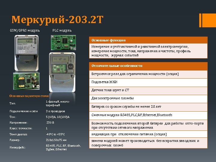 Меркурий-203. 2 Т GSM/GPRS модуль PLC модуль Основные функции Измерение и учёт активной и