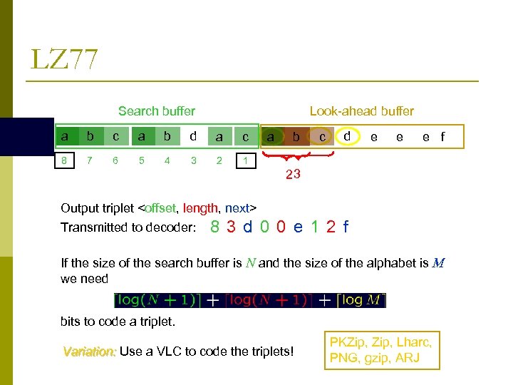 LZ 77 Search buffer Look-ahead buffer a b c a b d a c