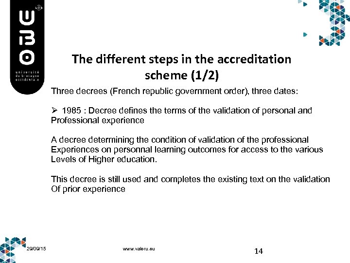 The different steps in the accreditation scheme (1/2) Three decrees (French republic government order),