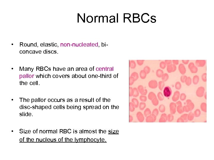 Normal RBCs • Round, elastic, non-nucleated, biconcave discs. • Many RBCs have an area