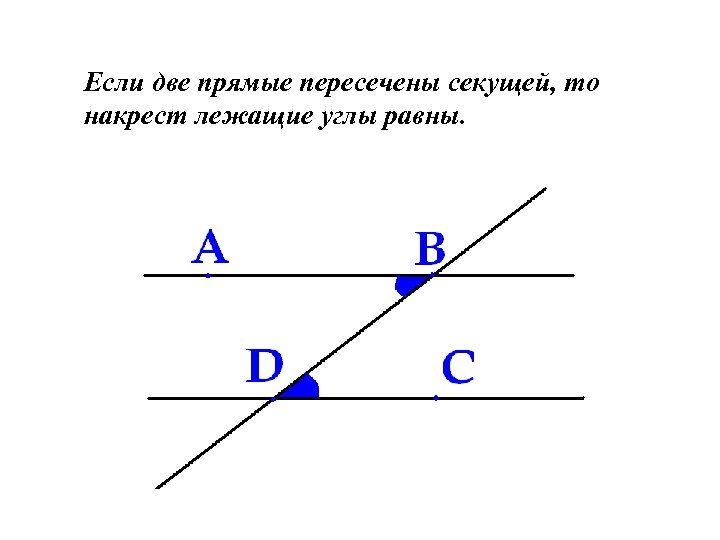 Если две прямые пересечены секущей, то накрест лежащие углы равны. 