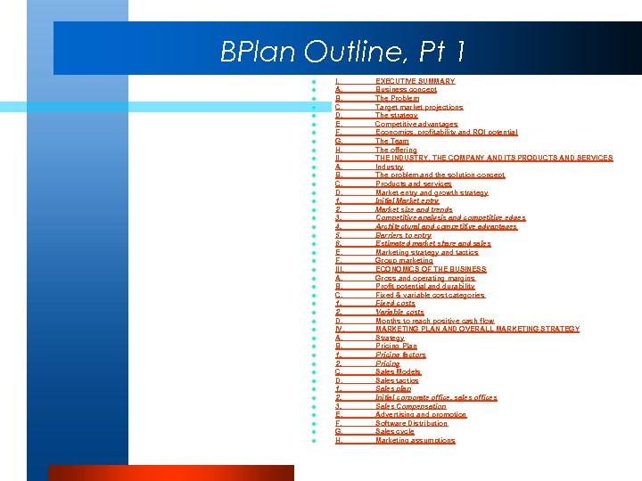 BPlan Outline, Pt 1 l l l l l l l l l l