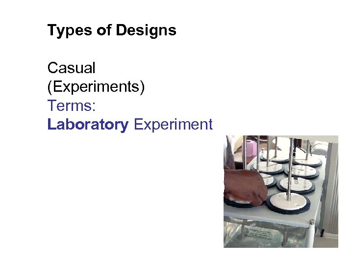 Types of Designs Casual (Experiments) Terms: Laboratory Experiment 