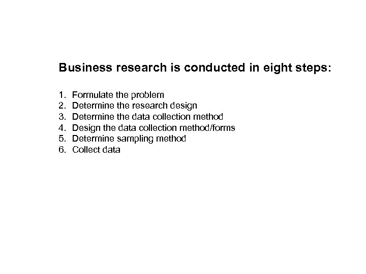 Business research is conducted in eight steps: 1. 2. 3. 4. 5. 6. Formulate