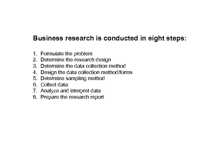 Business research is conducted in eight steps: 1. 2. 3. 4. 5. 6. 7.