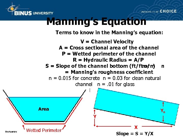 Manning’s Equation Terms to know in the Manning’s equation: V = Channel Velocity A