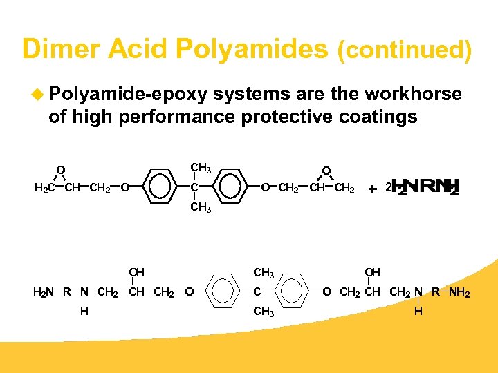 Dimer Acid Polyamides (continued) u Polyamide-epoxy systems are the workhorse of high performance protective