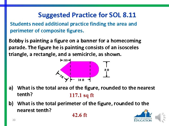 Suggested Practice for SOL 8. 11 Students need additional practice finding the area and