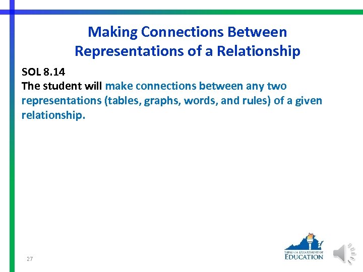 Making Connections Between Representations of a Relationship SOL 8. 14 The student will make