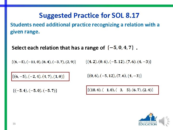 Suggested Practice for SOL 8. 17 Students need additional practice recognizing a relation with