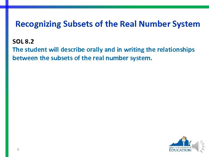 Recognizing Subsets of the Real Number System SOL 8. 2 The student will describe