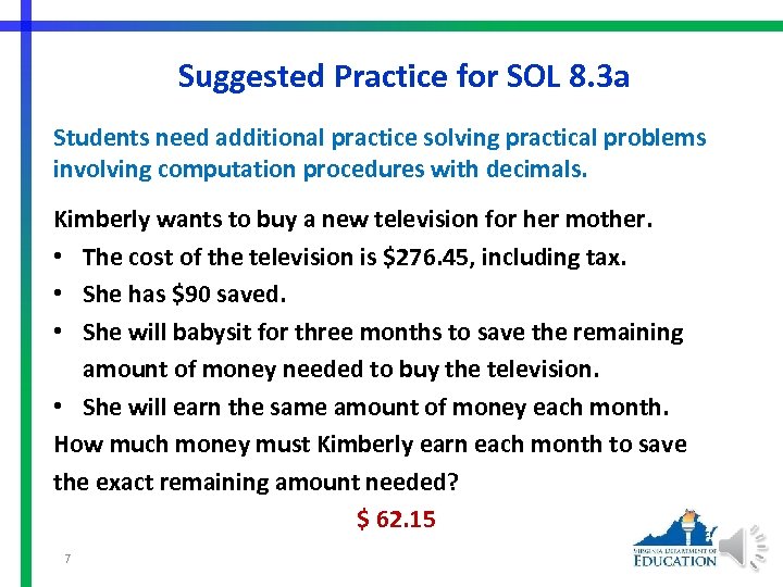 Suggested Practice for SOL 8. 3 a Students need additional practice solving practical problems