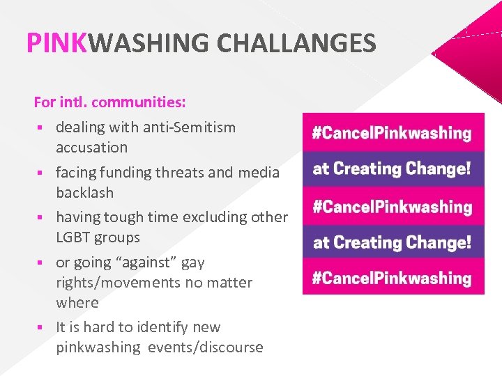 PINKWASHING CHALLANGES For intl. communities: § dealing with anti-Semitism accusation § facing funding threats