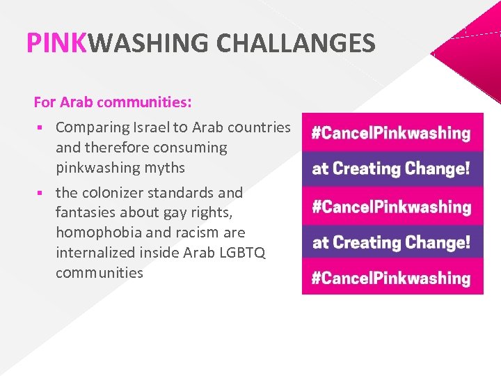 PINKWASHING CHALLANGES For Arab communities: § Comparing Israel to Arab countries and therefore consuming