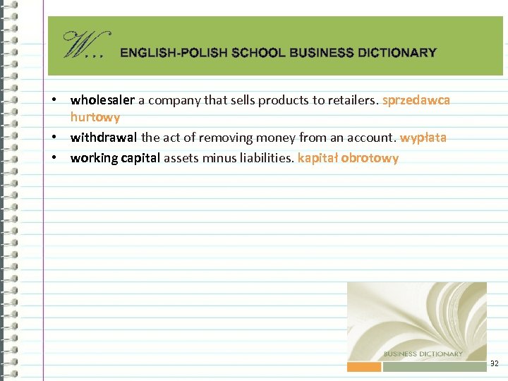 W. . . ENGLISH-POLISH SCHOOL BUSINESS DICTIONARY • wholesaler a company that sells products