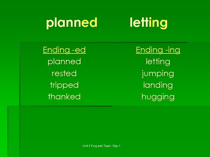 planned Ending -ed planned rested tripped thanked Unit 3 Frog and Toad - Day