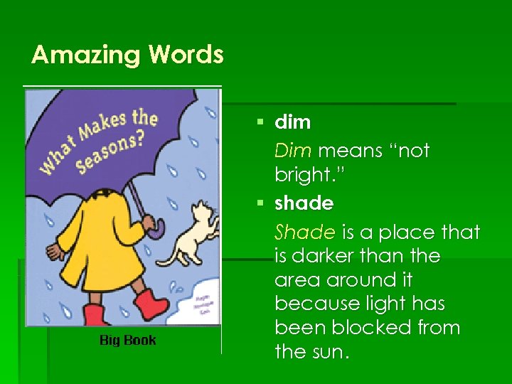 Amazing Words § dim Dim means “not bright. ” § shade Shade is a