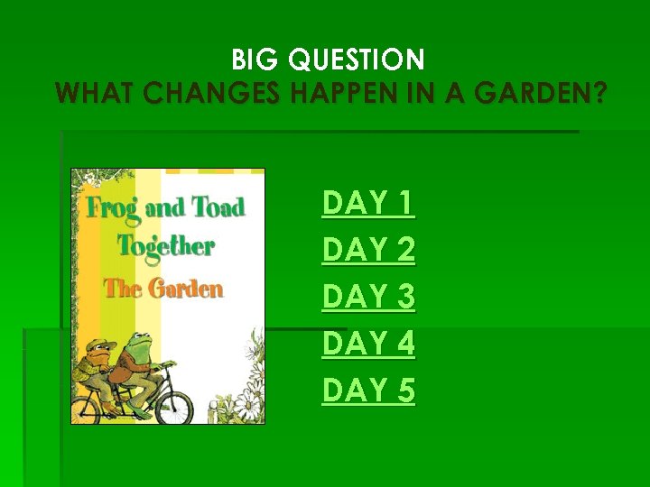 BIG QUESTION WHAT CHANGES HAPPEN IN A GARDEN? DAY 1 DAY 2 DAY 3