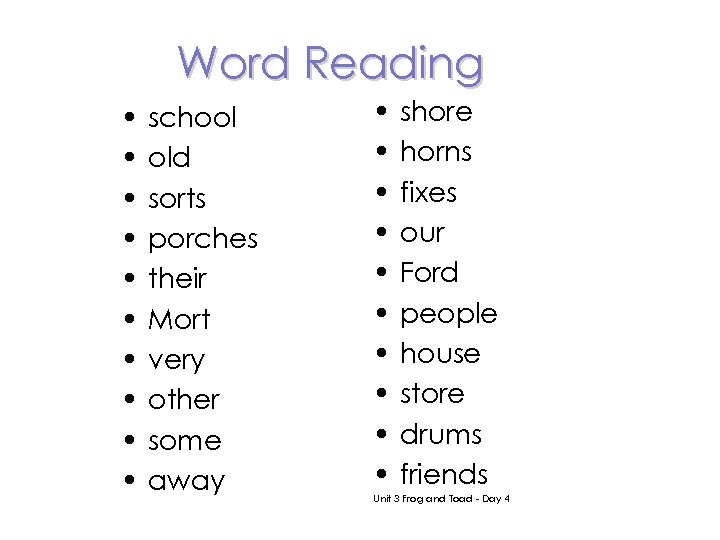 Word Reading • • • school old sorts porches their Mort very other some