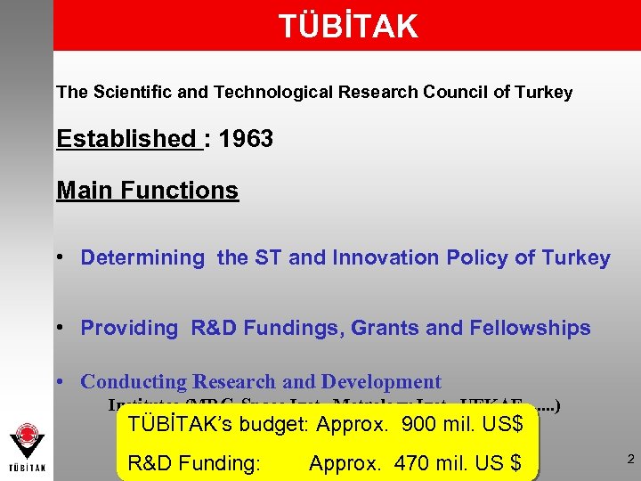 TÜBİTAK The Scientific and Technological Research Council of Turkey Established : 1963 Main Functions