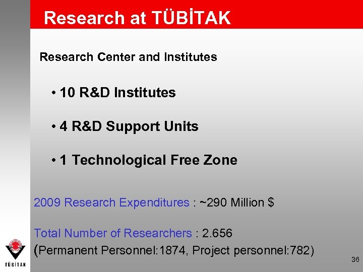 Research at TÜBİTAK Research Center and Institutes • 10 R&D Institutes • 4 R&D