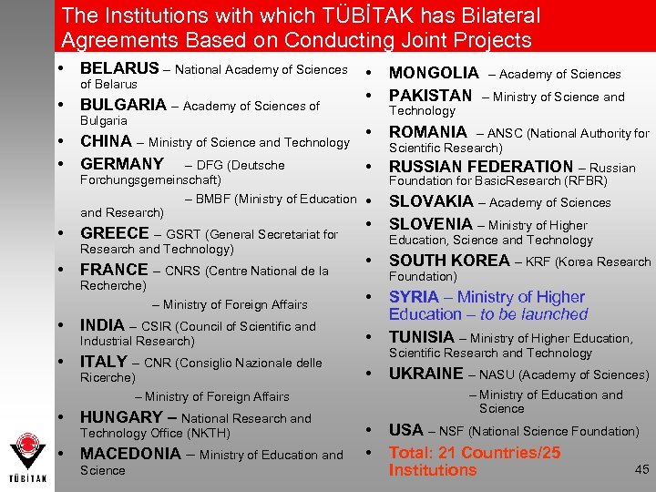 The Institutions with which TÜBİTAK has Bilateral Agreements Based on Conducting Joint Projects •