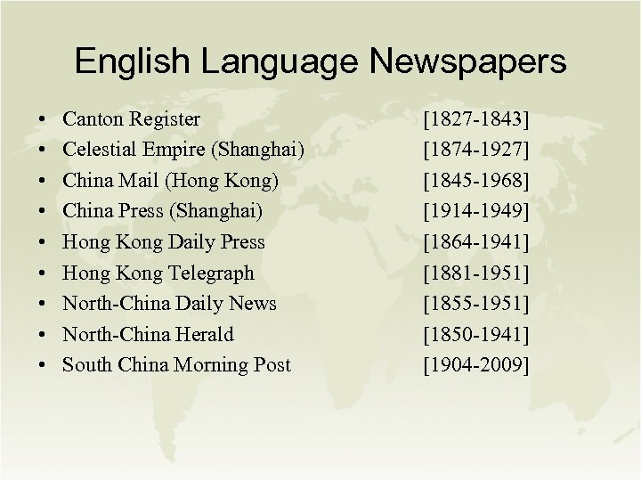 English Language Newspapers • • • Canton Register Celestial Empire (Shanghai) China Mail (Hong