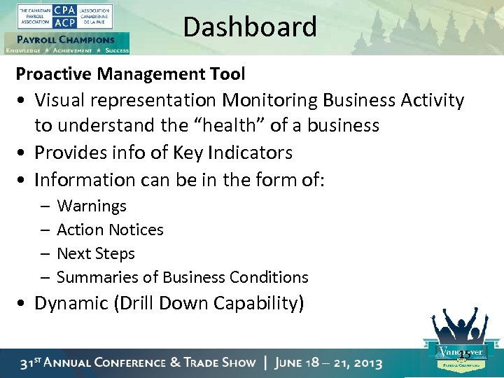 Dashboard Proactive Management Tool • Visual representation Monitoring Business Activity to understand the “health”