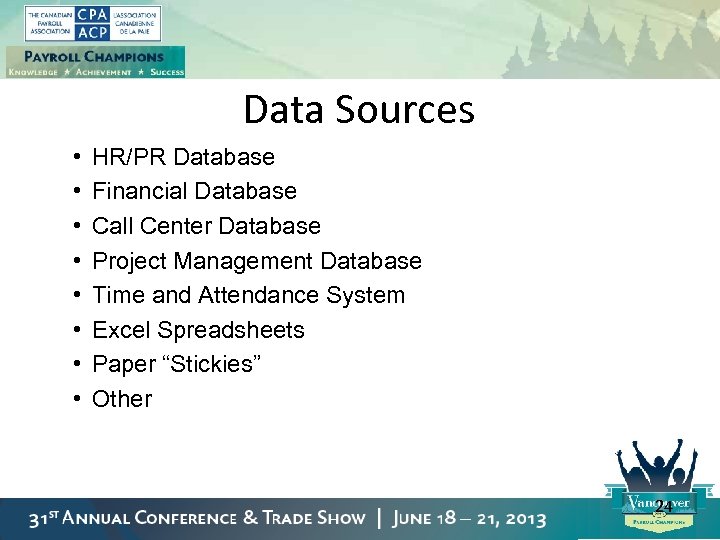 Data Sources • • HR/PR Database Financial Database Call Center Database Project Management Database