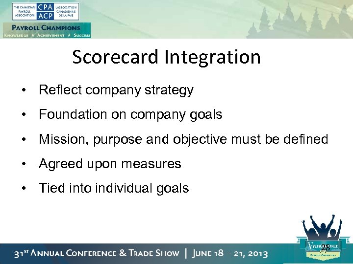 Scorecard Integration • Reflect company strategy • Foundation on company goals • Mission, purpose