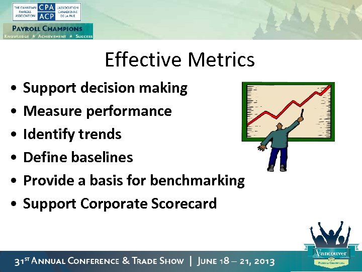 Effective Metrics • • • Support decision making Measure performance Identify trends Define baselines