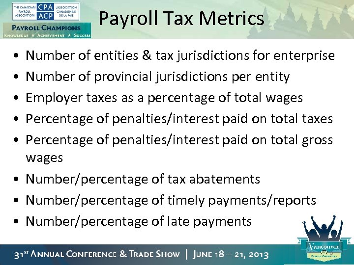 Payroll Tax Metrics • • • Number of entities & tax jurisdictions for enterprise