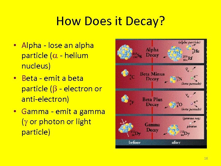 How Does it Decay? • Alpha - lose an alpha particle ( - helium