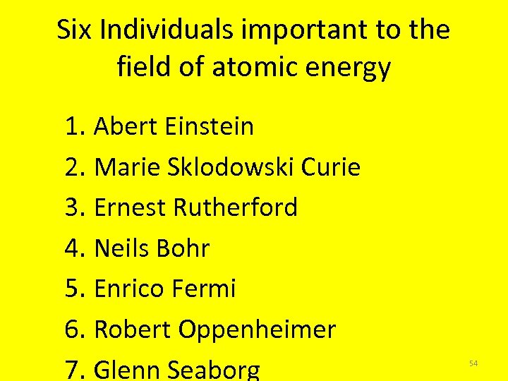 Six Individuals important to the field of atomic energy 1. Abert Einstein 2. Marie