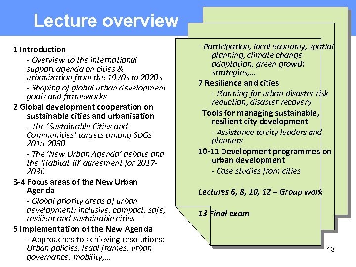 Lecture overview 1 Introduction - Overview to the international support agenda on cities &