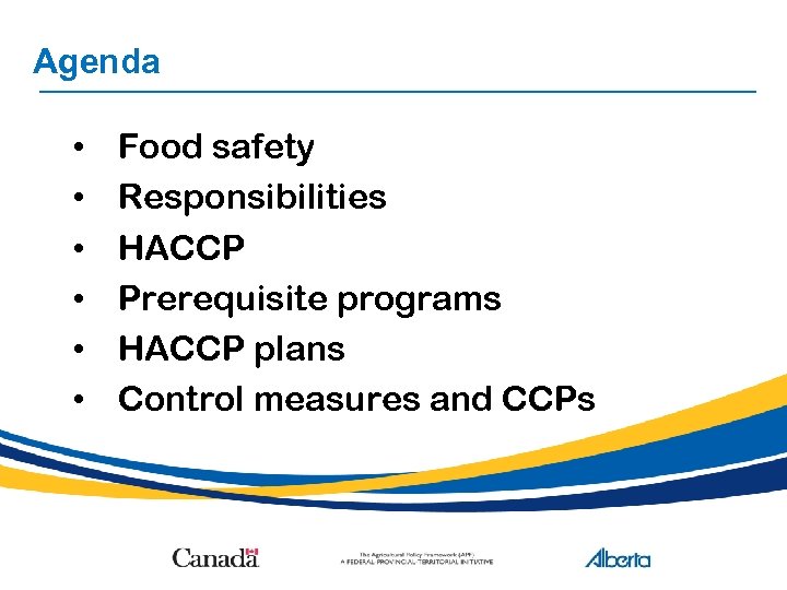 Agenda • • • Food safety Responsibilities HACCP Prerequisite programs HACCP plans Control measures