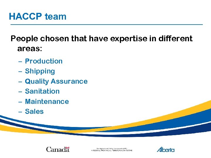 HACCP team People chosen that have expertise in different areas: – – – Production